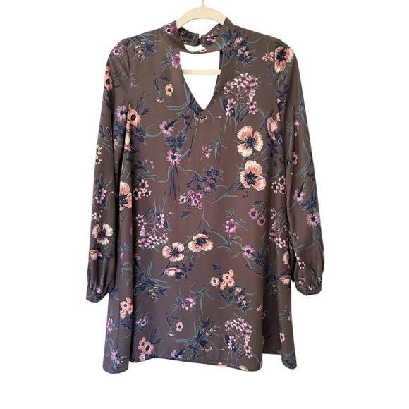 Altar’d State Floral Choker Neck Long Sleeve Shift Dress Taupe Small - Picture 3 of 7